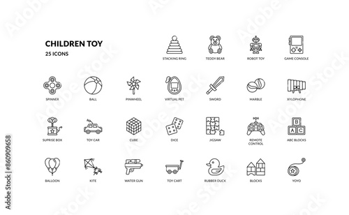 children toy creative play for kid or baby outline line icon set
