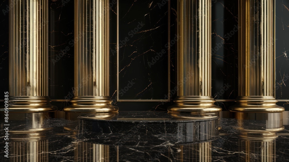Obraz premium Four tall, gold columns that are part of a grand, ornate room. Generate AI image