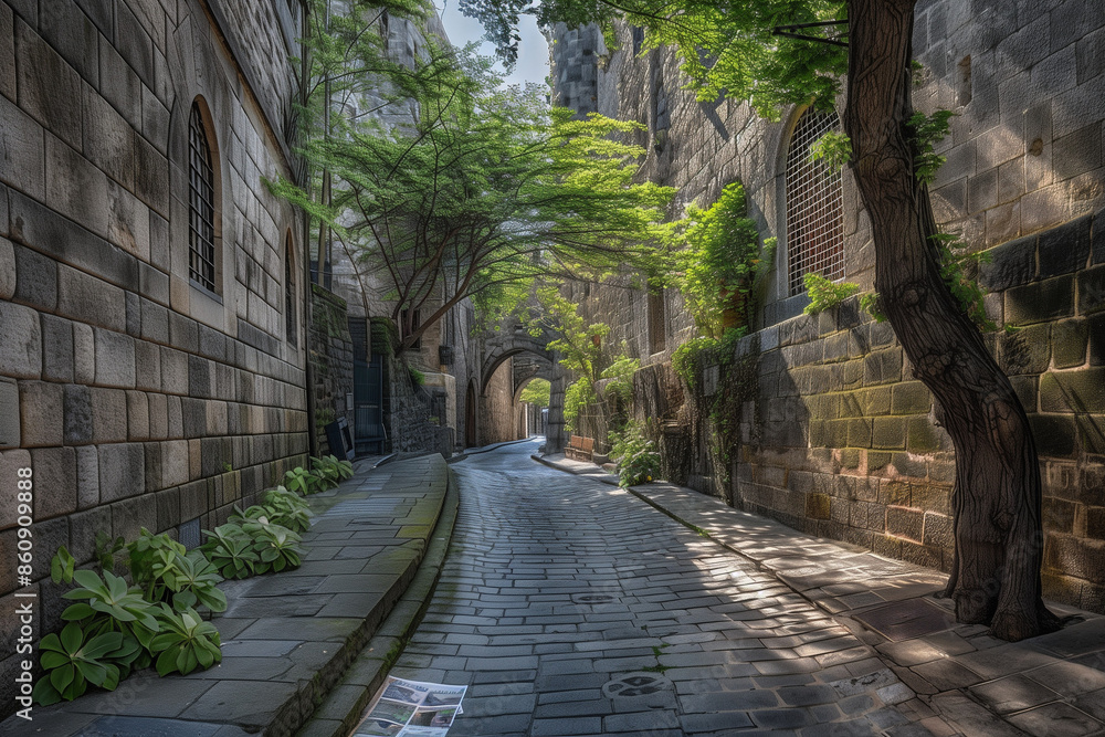 Quiet Alley with Trails of Newspapers in an Old City Quiet Alley with Trails of Newspapers in an Old City
