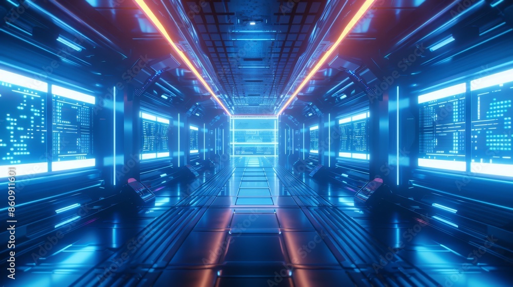Futuristic Neon Data Center Hallway, Generative AI Futuristic Neon Data Center Hallway, Generative AI