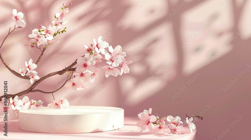 Pink Sakura Blossoms on a White Pedestal with Delicate Shadows Pink Sakura Blossoms on a White Pedestal with Delicate Shadows