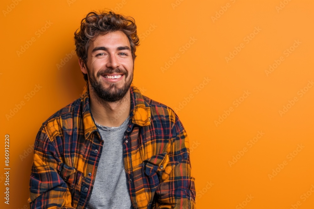 Portrait of smiling young man in checkered shirt on orange background Portrait of smiling young man in checkered shirt on orange background