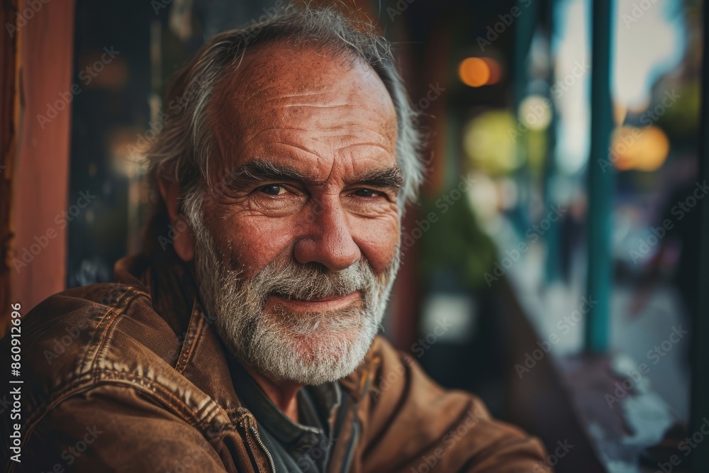 Portrait of a senior man with gray beard in a brown jacket sitting in a cafe. Portrait of a senior man with gray beard in a brown jacket sitting in a cafe.