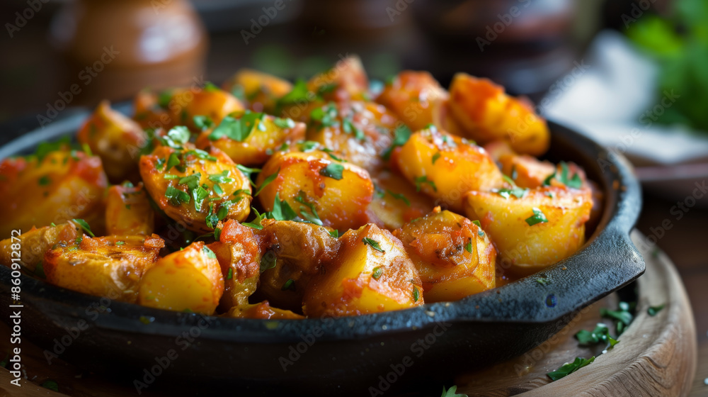 Patatas bravas, deep fried potatoes with spicy sauce in a bowl Patatas bravas, deep fried potatoes with spicy sauce in a bowl