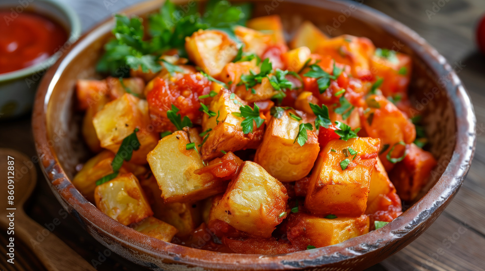 Patatas bravas, deep fried potatoes with spicy sauce in a bowl Patatas bravas, deep fried potatoes with spicy sauce in a bowl