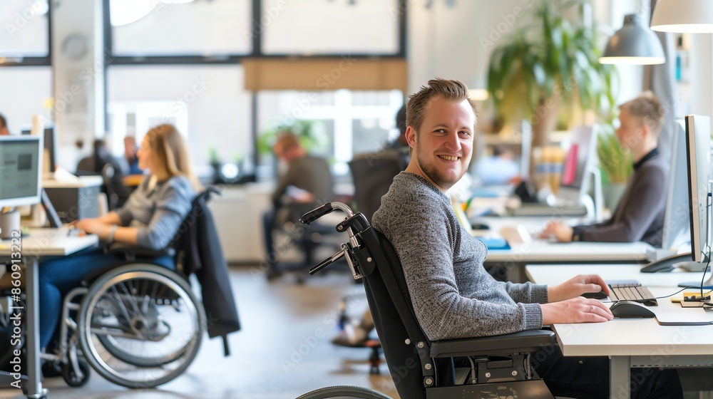 illustration of employees in an office using wheelchairs, happy work, modern office atmosphere illustration of employees in an office using wheelchairs, happy work, modern office atmosphere