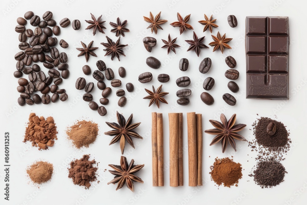 A detailed flat lay of various coffee ingredients like coffee beans, cinnamon sticks, star anise, and chocolate shavings A detailed flat lay of various coffee ingredients like coffee beans, cinnamon sticks, star anise, and chocolate shavings