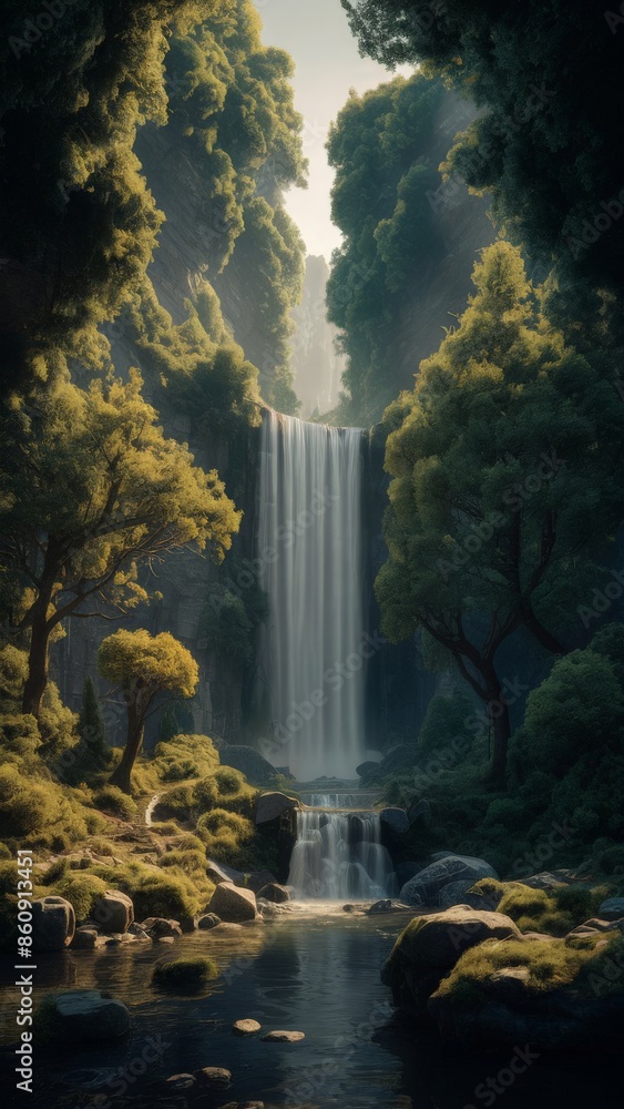 Fototapeta premium there is a waterfall in the middle of a forest with rocks and trees