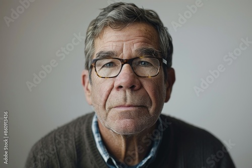 Portrait of a senior man with eyeglasses on grey background