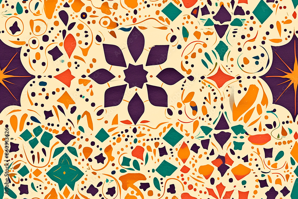 A vibrant seamless pattern with colorful geometric shapes and floral motifs on a cream background. Suitable for various design projects. A vibrant seamless pattern with colorful geometric shapes and floral motifs on a cream background. Suitable for various design projects.