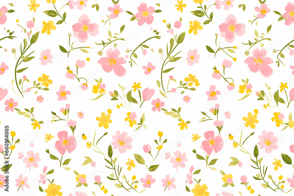A seamless pattern of pink and yellow flowers with green leaves on a white background, featuring a whimsical design. A seamless pattern of pink and yellow flowers with green leaves on a white background, featuring a whimsical design.