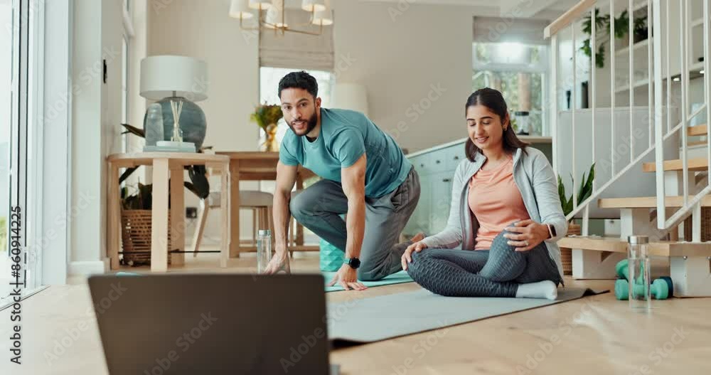 Couple, yoga and laptop with stretching on floor in home for online guide, video and mindfulness in living room. Woman, man and learning with child pose, zen and peace with virtual course in morning Couple, yoga and laptop with stretching on floor in home for online guide, video and mindfulness in living room. Woman, man and learning with child pose, zen and peace with virtual course in morning