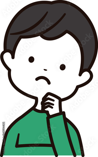考えているリアクションをしている男の子の上半身のアイコンイラスト素材
