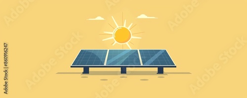 Illustration of solar panels absorbing sunlight with a bright yellow sun and blue sky background. Eco-friendly renewable energy concept.