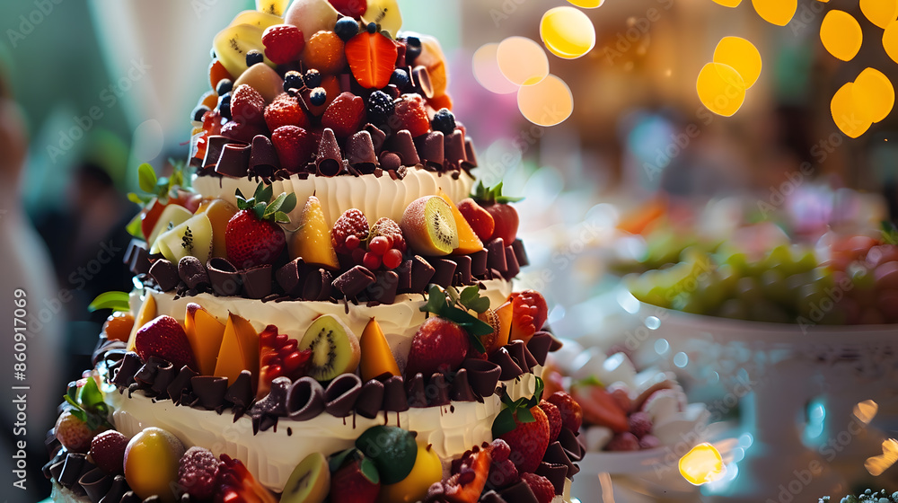 Fototapeta premium A large threetiered wedding cake on wedding banquet decorated with fresh fruit and chocolate Soft focus : Generative AI