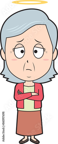 腕を組んで困る故人女性