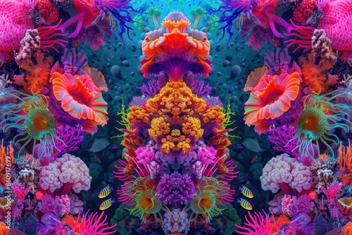 psychedelic mandalainspired coral reef teeming with vibrant sea life swirling patterns of neon fish geometric jellyfish and fractallike coral formations in a kaleidoscope of colors © furyon