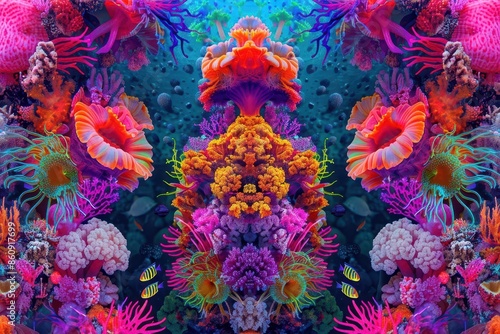 psychedelic mandalainspired coral reef teeming with vibrant sea life swirling patterns of neon fish geometric jellyfish and fractallike coral formations in a kaleidoscope of colors photo