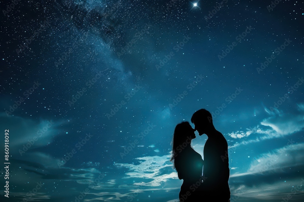 romantic couple silhouette against starry night sky heartshaped constellation moonlit landscape dreamy atmosphere whispy clouds romantic couple silhouette against starry night sky heartshaped constellation moonlit landscape dreamy atmosphere whispy clouds