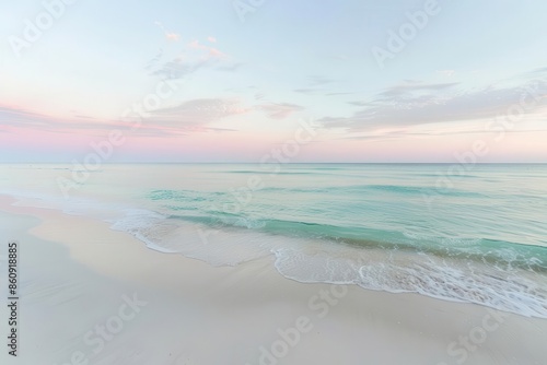 serene beach scene with crystalclear turquoise water gently lapping at pristine white sand soft pastel sky reflects on the calm ocean surface