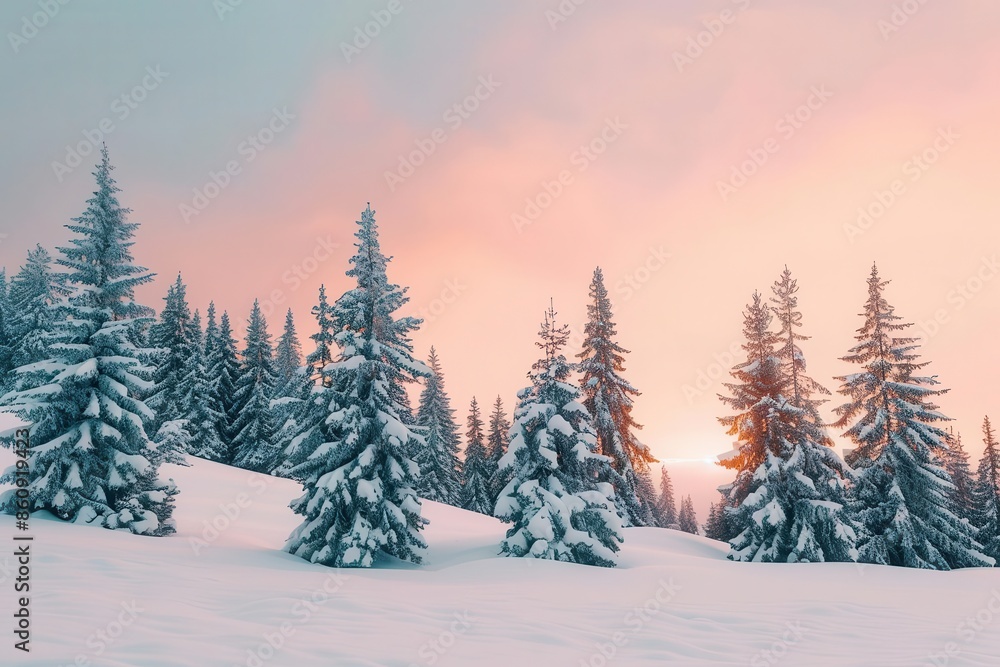 serene winter wonderland with snowladen pine trees stretching towards a pastel sunset sky pristine white landscape glows with subtle pink and orange hues serene winter wonderland with snowladen pine trees stretching towards a pastel sunset sky pristine white landscape glows with subtle pink and orange hues