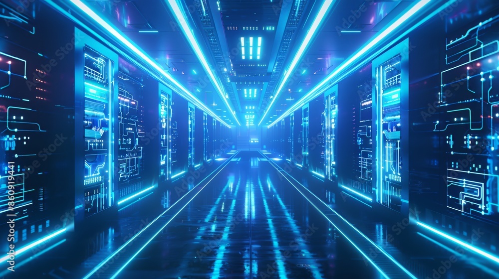 Futuristic Data Center Corridor, Generative AI Futuristic Data Center Corridor, Generative AI