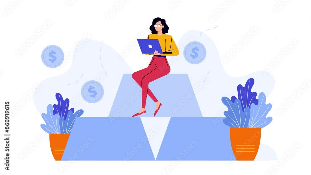 busy businesswoman working using laptop business animated illustration video busy businesswoman working using laptop business animated illustration video