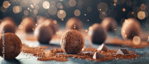 Delicious chocolate truffles on a dreamy, abstract background, sprinkled with cocoa powder and chocolate pieces, full of gourmet indulgence. photo