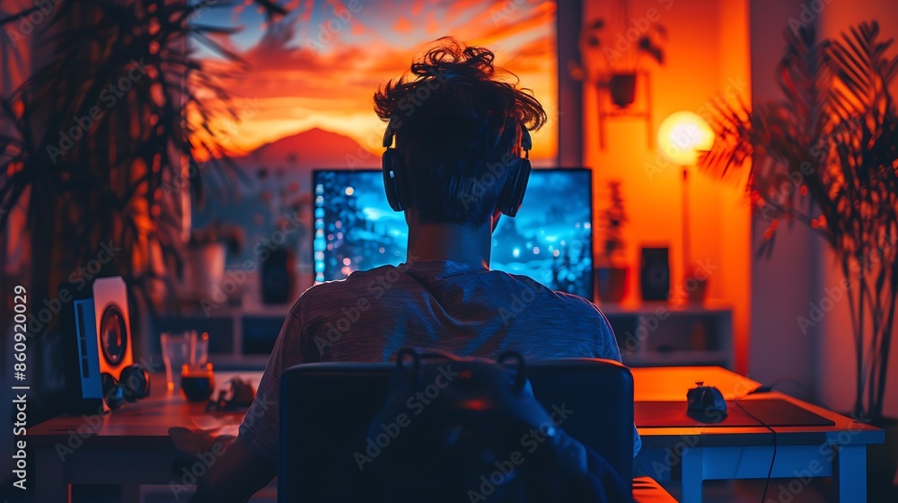 Obraz premium A detailed and realistic image of a gamer playing late at night, illuminated by the soft glow of their computer screen and ambient RGB lighting.