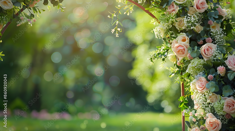 wedding arch decorated with flowers in green forest picture with soft focus : Generative AI wedding arch decorated with flowers in green forest picture with soft focus : Generative AI