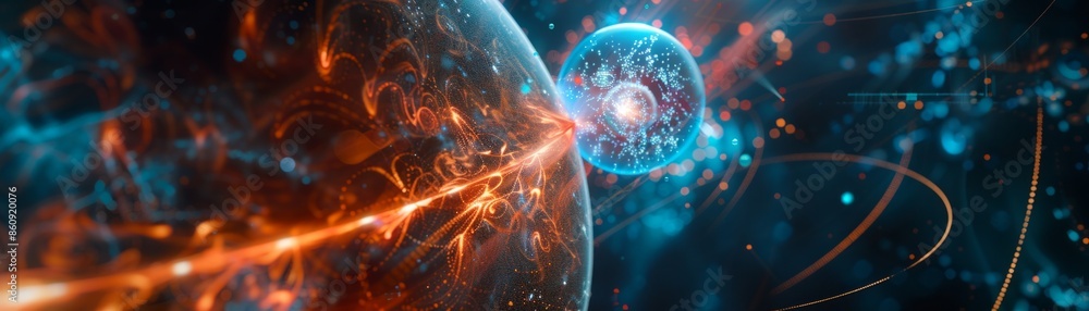 Futuristic digital artwork depicting a vibrant space scene with planets, glowing particles, and dynamic energy lines. Futuristic digital artwork depicting a vibrant space scene with planets, glowing particles, and dynamic energy lines.