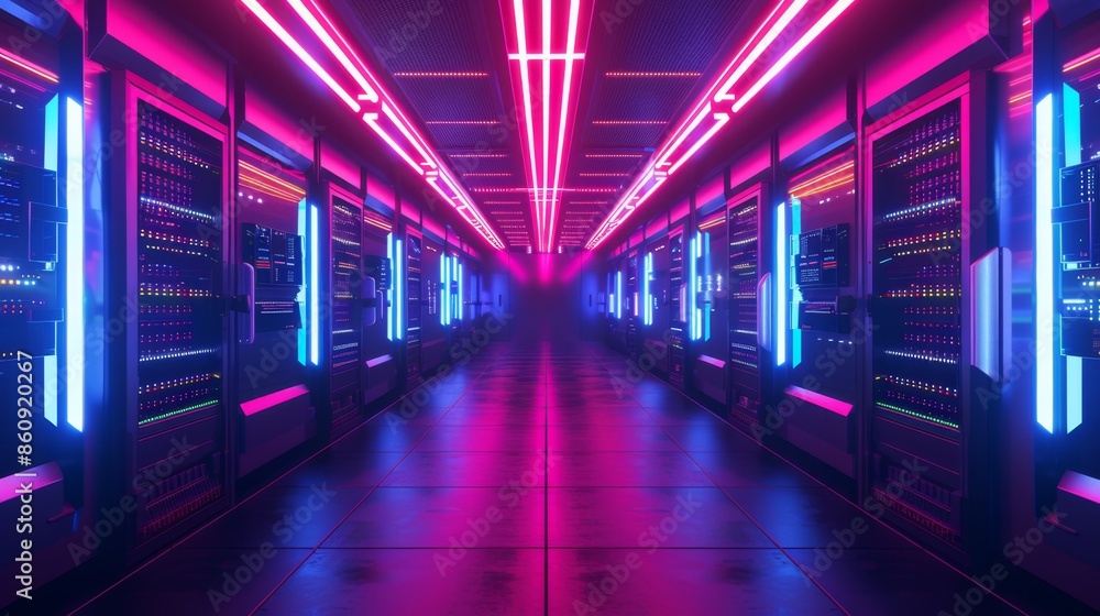 Futuristic Data Center with Neon Lights, Generative AI Futuristic Data Center with Neon Lights, Generative AI
