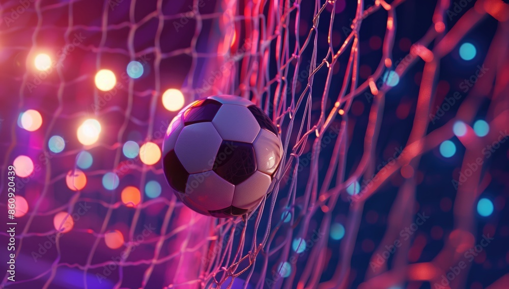 Fototapeta premium Soccer Ball in Net with Vibrant Neon Lights in Background, Capturing the Excitement of a Goal