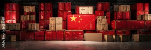 Stacks of cardboard boxes with Chinese national flag