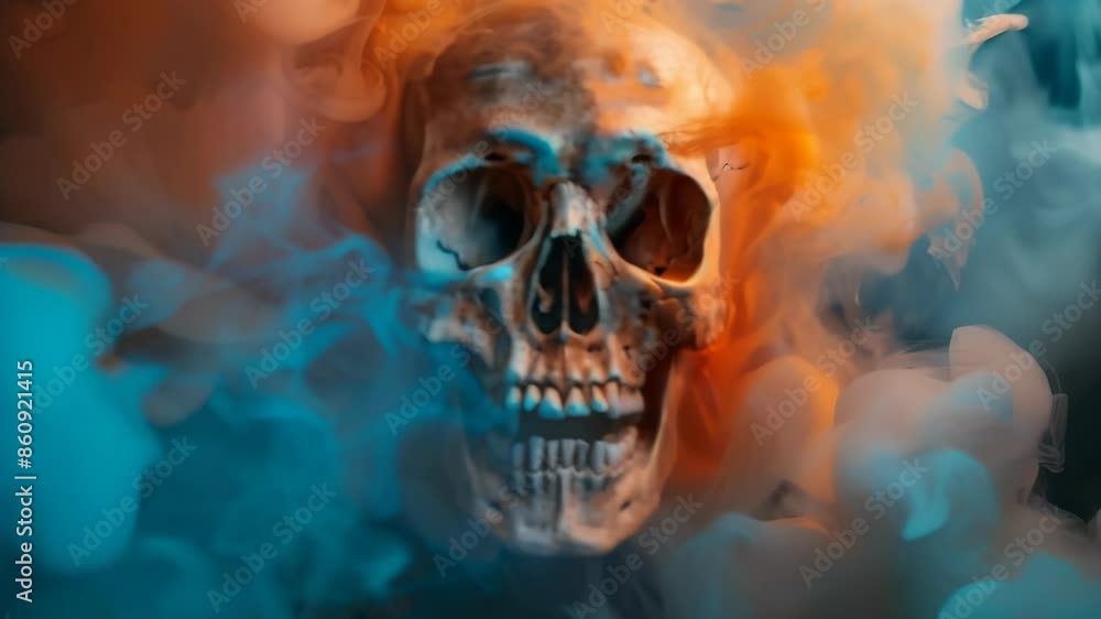 Haunting image of a human skull engulfed in swirling mist. Vivid contrast between cool blue and fiery orange tones creates an otherworldly atmosphere. Haunting image of a human skull engulfed in swirling mist. Vivid contrast between cool blue and fiery orange tones creates an otherworldly atmosphere.