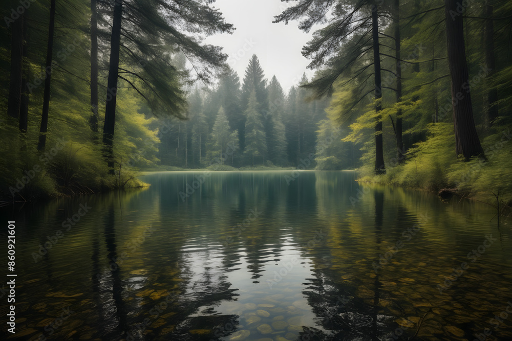 Illustration of a serene forest lake, perfect for promoting fly or trout fishing adventures amidst peaceful natural surroundings. Illustration of a serene forest lake, perfect for promoting fly or trout fishing adventures amidst peaceful natural surroundings.