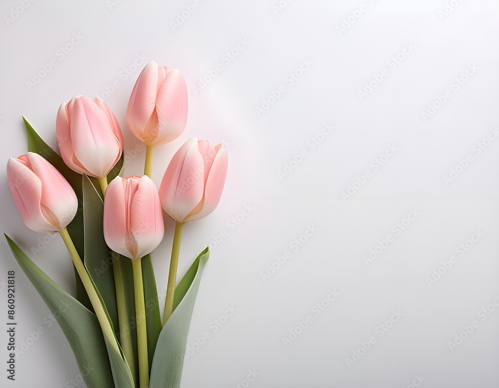 a bunch of pink and white tulips on the left side of the white wall, full shot a bunch of pink and white tulips on the left side of the white wall, full shot
