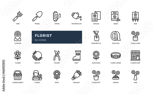 florist floral flower shop design craft outline line icon set