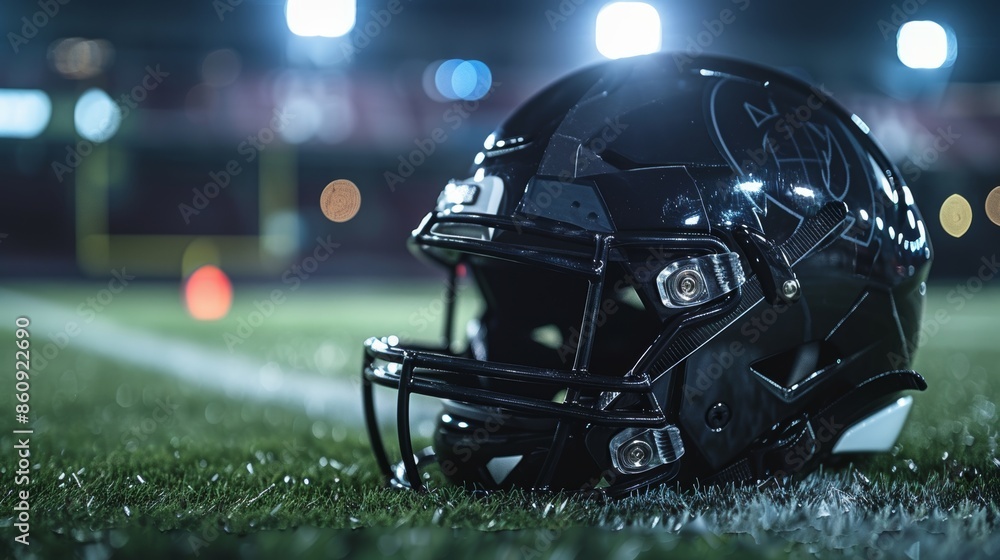 Sleek black football helmet on turf, dark stadium ambiance, illuminated goalposts, night game vibe Sleek black football helmet on turf, dark stadium ambiance, illuminated goalposts, night game vibe