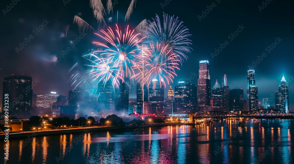 A vibrant fireworks display lighting up the night sky over a city skyline, US Independence Day, celebration, hd, colorful with copy space A vibrant fireworks display lighting up the night sky over a city skyline, US Independence Day, celebration, hd, colorful with copy space