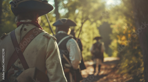 A historical reenactment with people dressed in Revolutionary War attire, US Independence Day, history, hd, educational with copy space