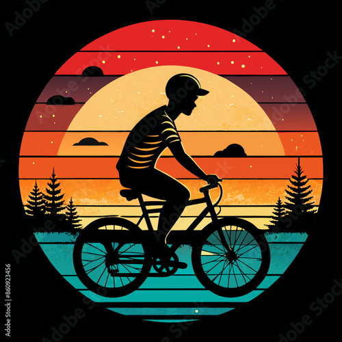 Vector t-shirt design Vintage retro sunset distressed black style design, a boy is riding a bicycle in the grass, no text
