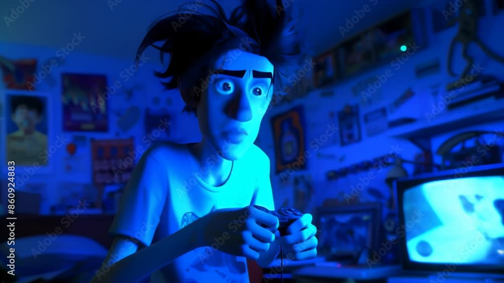 Young boy with messy hair, wide-eyed and mouth agape in shock. Illuminated by blue light from TV screen, holding game controller. Dimly lit room with posters visible. Young boy with messy hair, wide-eyed and mouth agape in shock. Illuminated by blue light from TV screen, holding game controller. Dimly lit room with posters visible.