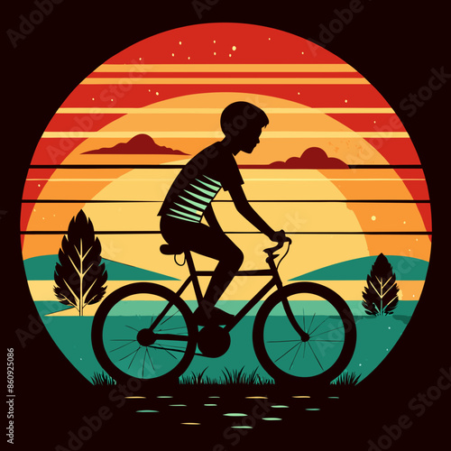 Vector t-shirt design Vintage retro sunset distressed black style design, a boy is riding a bicycle in the grass, no text
