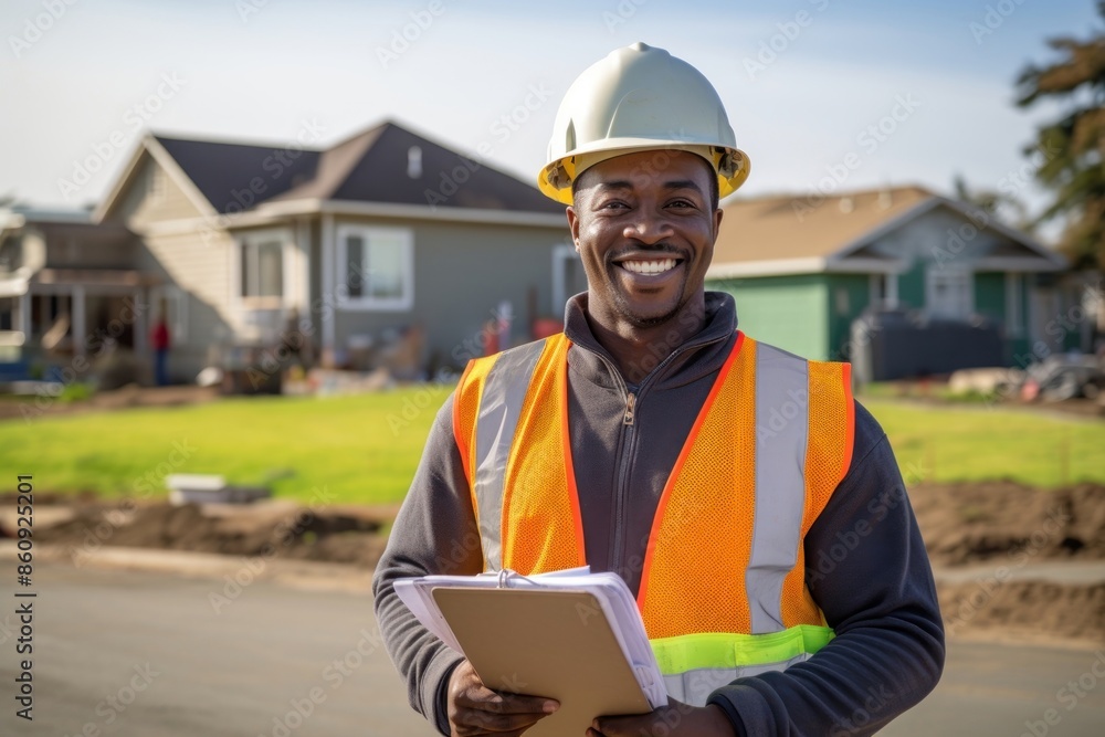 Construction worker holding smiling hardhat. Construction worker holding smiling hardhat.