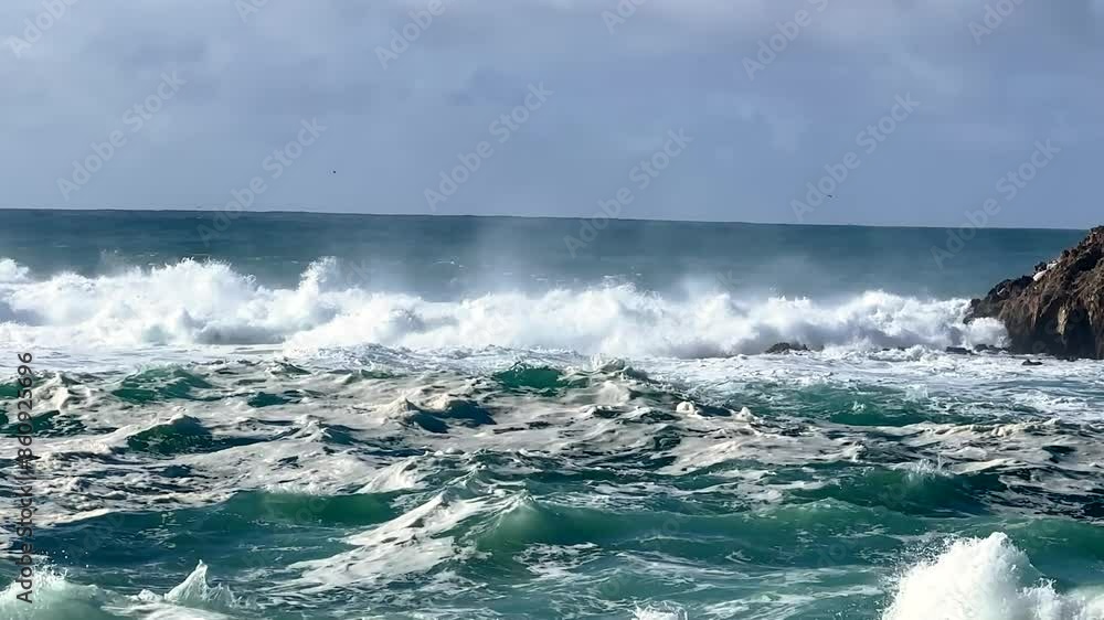 Turbulent Choppy Ocean Waves Along Pebble Beach Coastline In California. Panning Shot With Birds Flying Past Turbulent Choppy Ocean Waves Along Pebble Beach Coastline In California. Panning Shot With Birds Flying Past