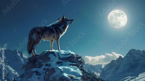 Majestic Wolf Howling Under the Full Moon on Snowy Mountain Peak