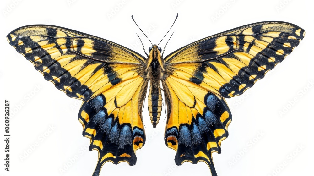Obraz premium Yellow and black butterfly, symmetrical wings, isolated on a bright white backdrop, crisp and clean