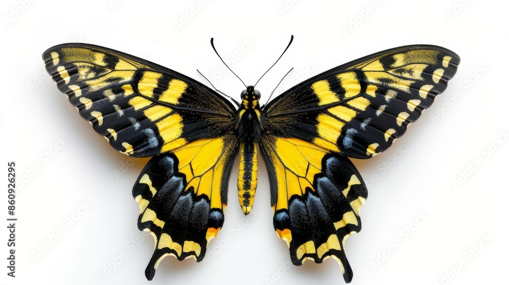 Obraz premium Yellow and black butterfly, symmetrical wings, isolated on a bright white backdrop, crisp and clean