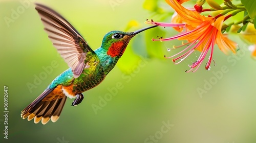 Vibrant Hummingbird Hovering Near Lively Flower Capturing the Beauty of Nature